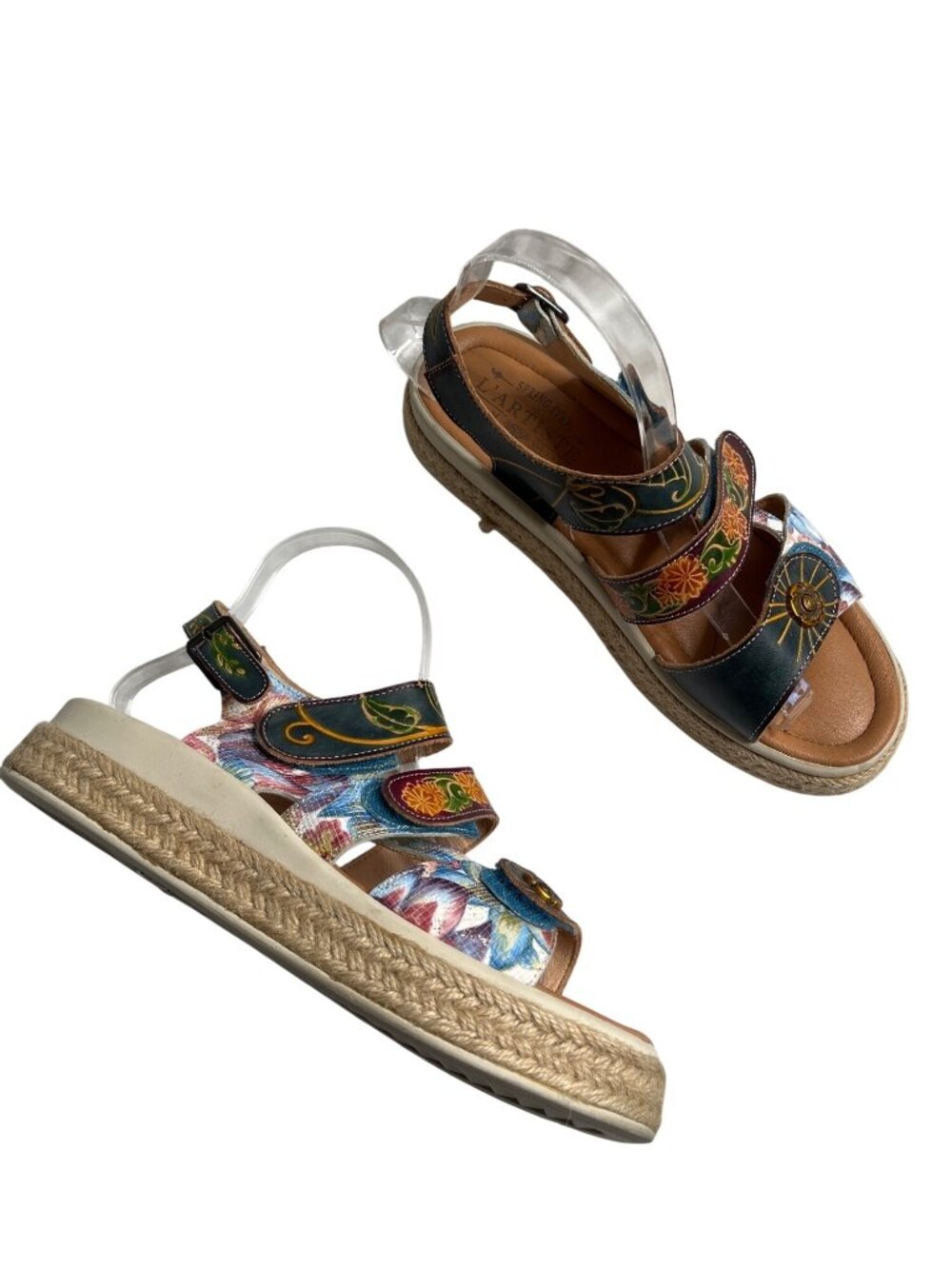 Spring Step LArtiste Yahima Boho Leather Sandals Espadrille Wedge Multicolor